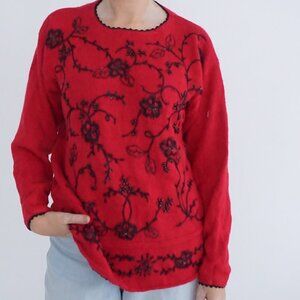 Vintage Worthington Red Knit Black Floral Embroidered Beaded Crew Sweater M